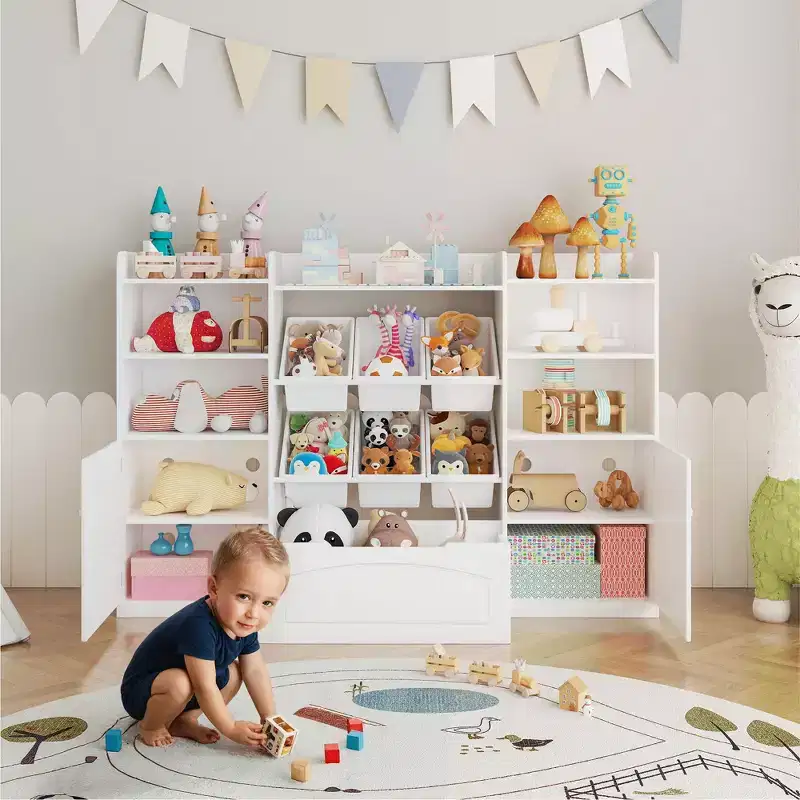 Kids Storage Organizer Cabinet with 6 Bins, Toddler Bookcase Storage Cabinet with Drawer Door, Kids Bookshelf for Playroom Classroom