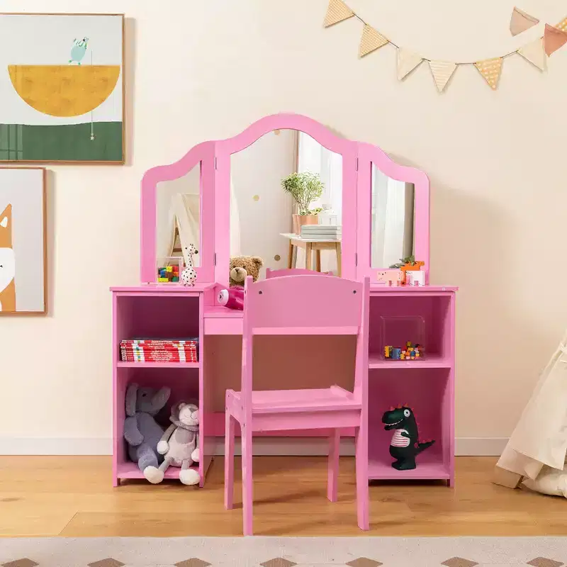Costway Kids Vanity 2 in 1 Princess Makeup Desk & Chair Set Safe Tri-fold Mirror