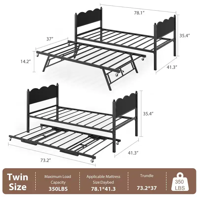 Daybed with Trundle, Twin Size Day Bed with Metal Slat Support & Lockable Casters, Wavy Headboard with Wood Grain, Space-Saving Sofa Bed