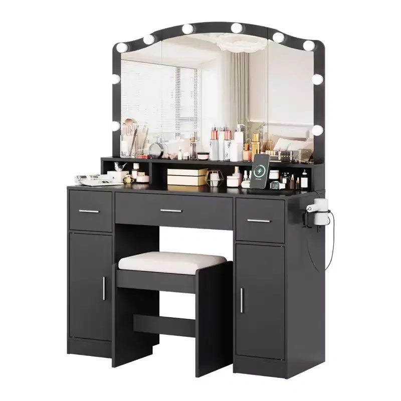 Black Makeup Vanity Desk with Stool, Dressing Table with 3 Drawers, 2 Cabinets & Long Shelf, Bedroom Storage Organizer for Women & Girls