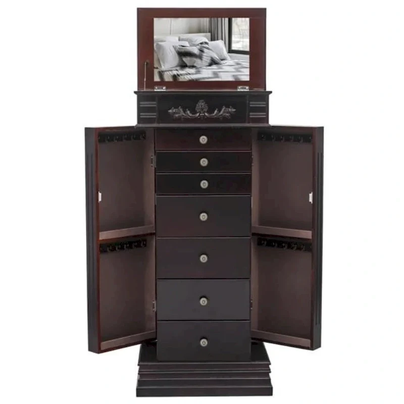 Stylish Jewelry Armoire with Mirror and Necklace Hooks - 18.5 x 12 x 42