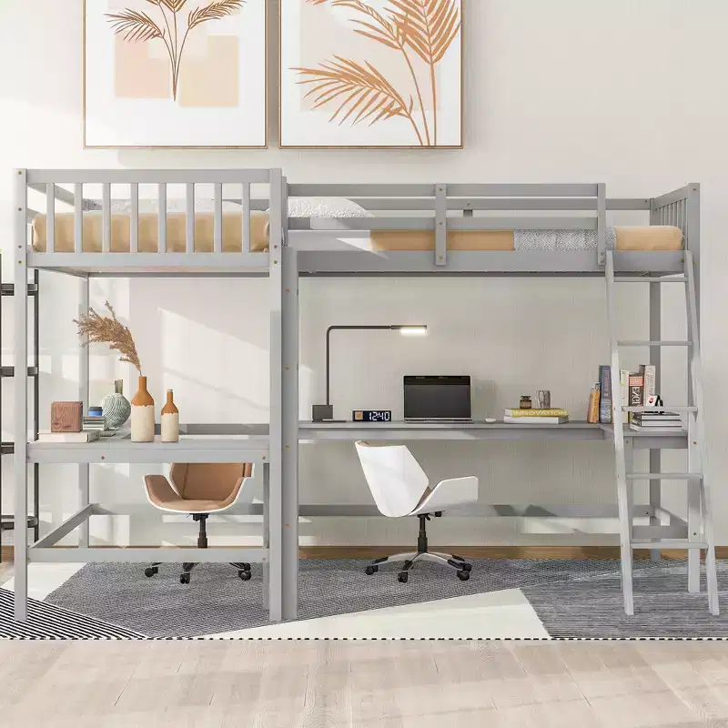 119''L 79.5''W Wood Twin Size L-Shaped Loft Bed with Ladder and 2 Built-in L-Shaped Desks