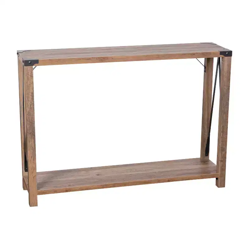 Modern Farmhouse Wooden 2 Tier Console Entry Table with Metal Corner Accents and Cross Bracing