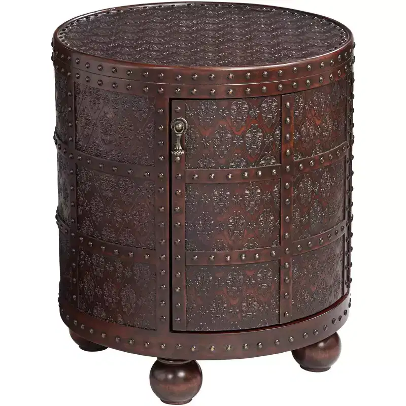 Kensington Hill Hadley Rustic Vintage Wood Round Accent Table 21 3/4 Wide with Storage Shelf Brown Petition Leather Embossed Pattern for Living Room