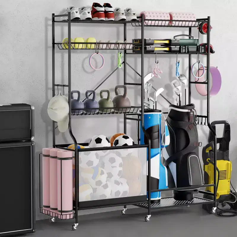 Sports Gear Organizer w/ Yoga Mat Holder, Ball Basket & Adjustable Shelves for Garage Gym Basement
