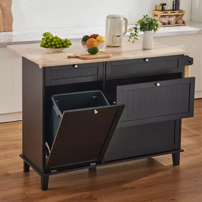 Rubberwood and MDF Kitchen Island Cart with Drawers and Trash Cabinet 50