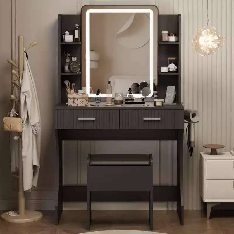 Makeup Vanity with LED Lighted Mirror, Vanity Desk with 3 Adjustable Lights, White Vanity with Storage Stool for Bedroom