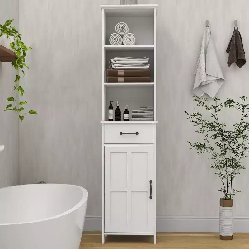65'' Tall Bathroom Storage Cabinet, Wooden Floor Cabinet With Drawers & Adjustable Shelf, Slim Freestanding Storage Organizer For Bathroom Living Room