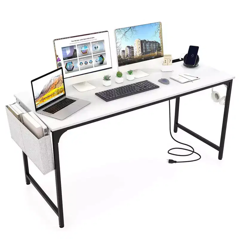 Modern Computer Desk with Charging Station, Storage Bag & Headphone Hook, White