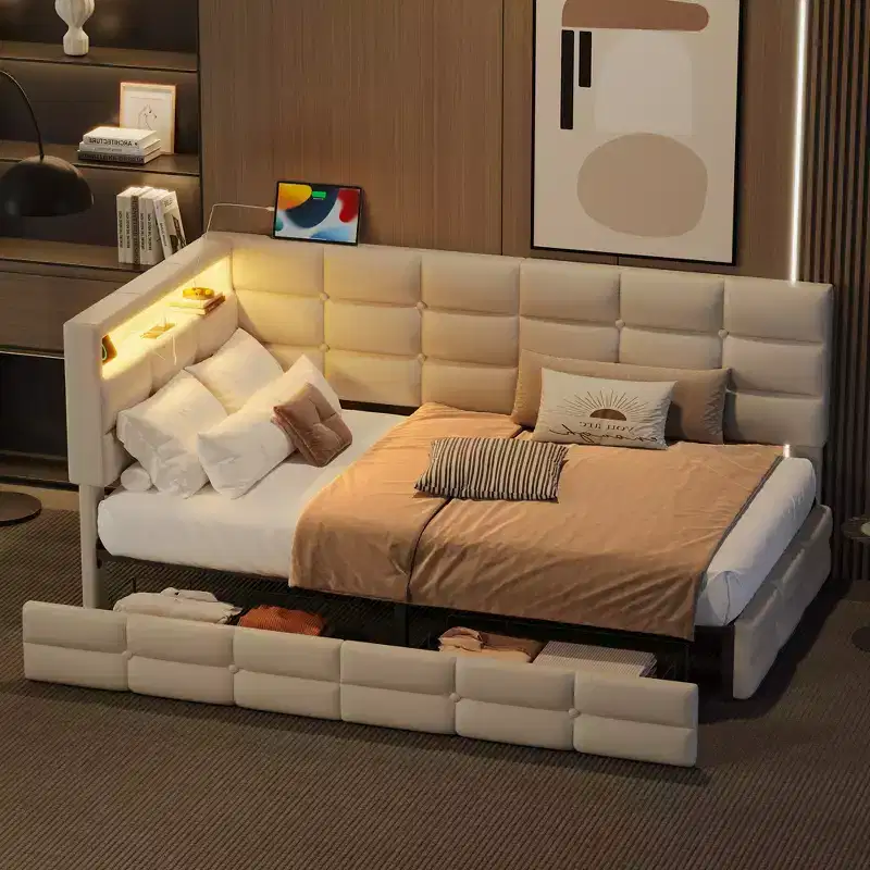 Upholstered Twin Size Daybed with 2 Drawers and Charging Station, L-shaped Corner with LED Lights and Storage Headboard