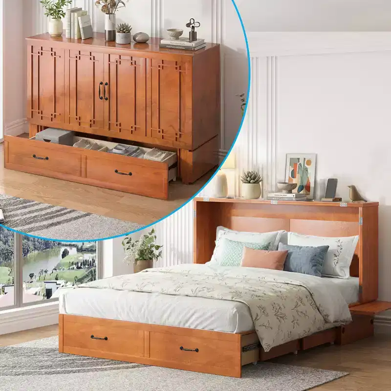 Mjkone Queen Murphy Bed with Mattress,Foldable Space-Saving Cube Cabinet Bed