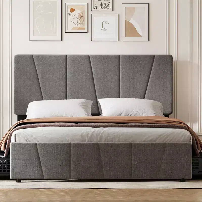 Bed Frame with Adjustable Headboard, 4 Storage Drawers and Wooden Slats Support