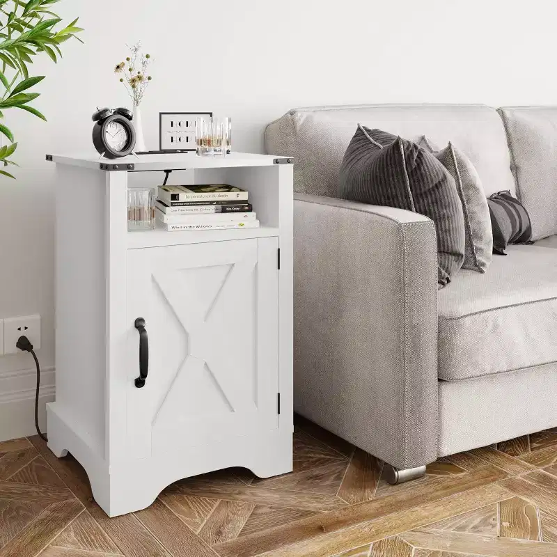 Heynemo Tall Farmhouse Nightstand with Charging Station, White End Table with Storage, Large Wooden Rustic Bedside Table for Bedroom, Home Office
