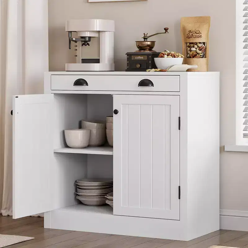 White Sideboard Buffet Cabinet, Wooden Coffee Bar Cabinet with Drawer, Adjustable Shelf, Farmhouse Storage Cabinets