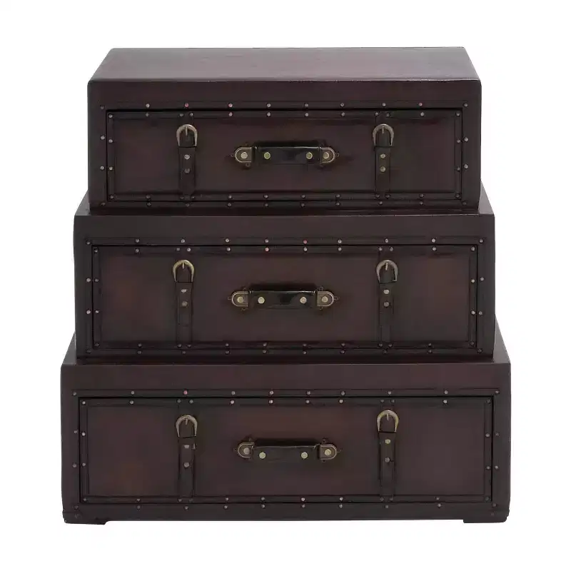 Traditional Faux Leather and Wood Storage Chest with 3 Drawers – Brown