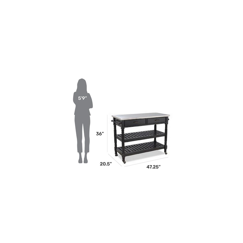 Homestyles General Line Black Mobile Kitchen Cart with Stainless Steel Top