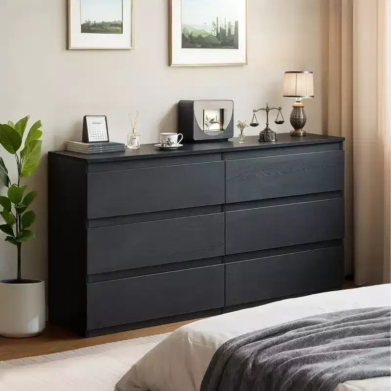 6-Drawer Black Dressing Table, Modern Bedroom Vanity, with wooden storage cabinet, featuring concealed handles and 6 deep drawers