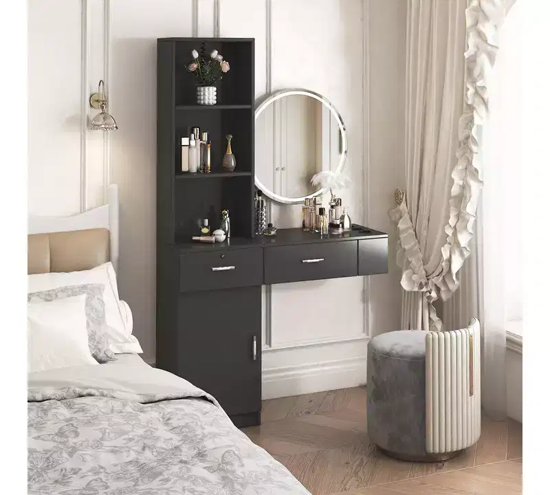 JVNOXK Modern minimalist vanity mirror with three-dimensional multi-tiered storage, featuring two enclosed drawer compartments. Black
