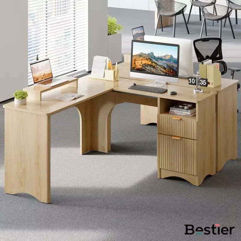 Bestier 55inch L Shaped Desk with Drawers, Office Computer Desk with Round Corners, Monitor Stand & Fluted Panels, White & Walnut