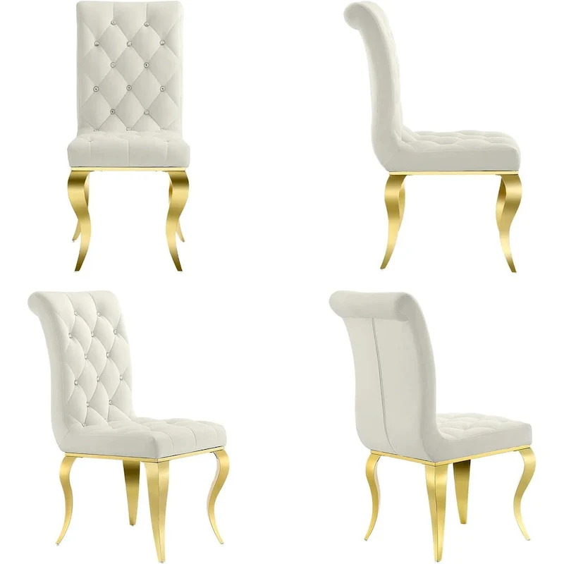 White Velvet Button-Tufted Dining Chair with Gold Legs, Set of 2/4/6
