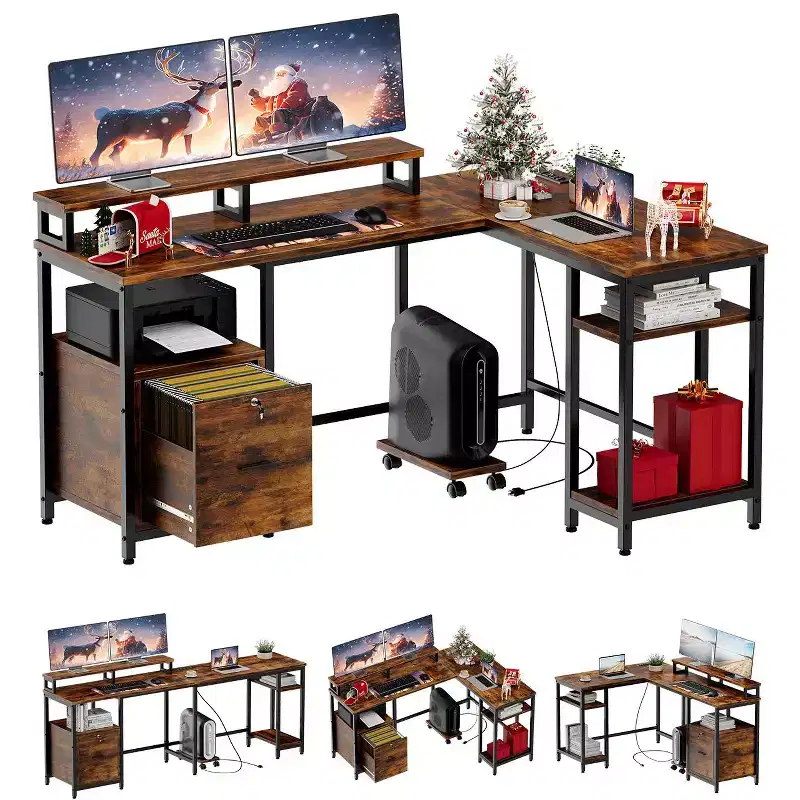COZONY 67 Inch L Shaped Computer Desk, Power Outlets 2 Monitor Stands Adjustable Storage Shelf Multiple File Drawers Reversible Gaming Home Office