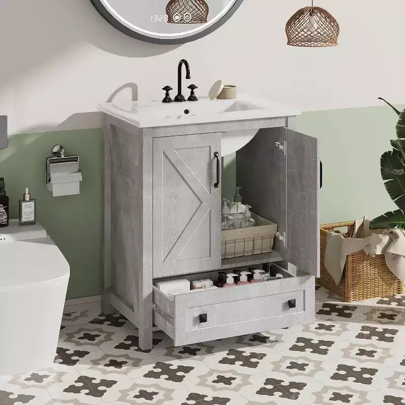 24/30 Vanity with Ceramic Sink, Modern Bathroom Vanity with 2 Doors and 1 Storage Drawer, Freestanding Bathroom Cabinet
