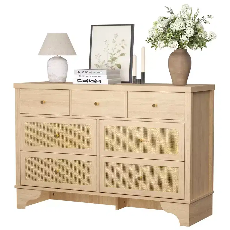 7-Drawer Buffet Cabinet with Rattan Accents, Black Wooden Sideboard for Living Room & Entryway