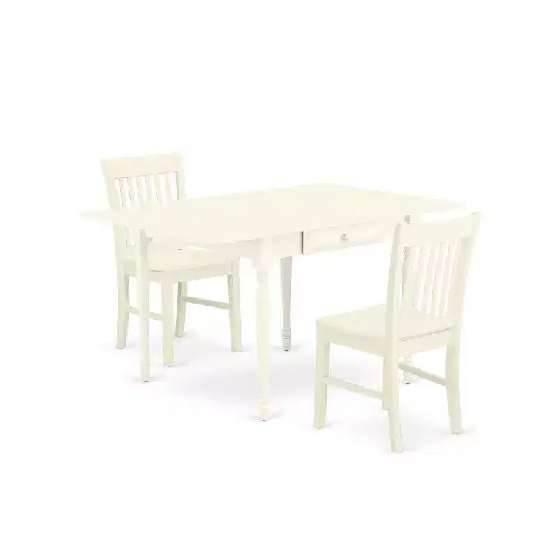 HomeStock 3-Pc Linen White Finish Rectangular Solid Wood Top with Dropleaf Dining Table Set