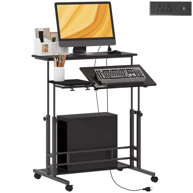 HOMCOM Standing Desk with Power Outlets, Height Adjustable Stand Up Desk with Tiltable Tabletop, Lockable Wheels, Shelf, for Home Office
