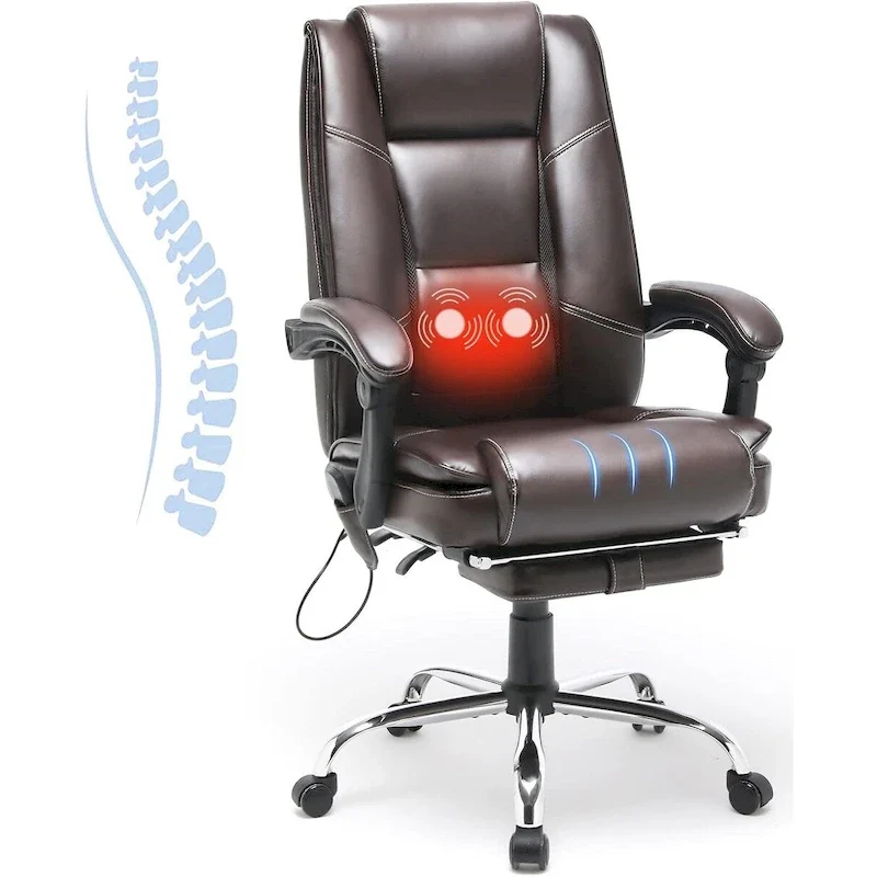 Ergonomic Heated Executive Office Chair, 2/4/6-Point Massage, Retractable Footrest, PU Leather