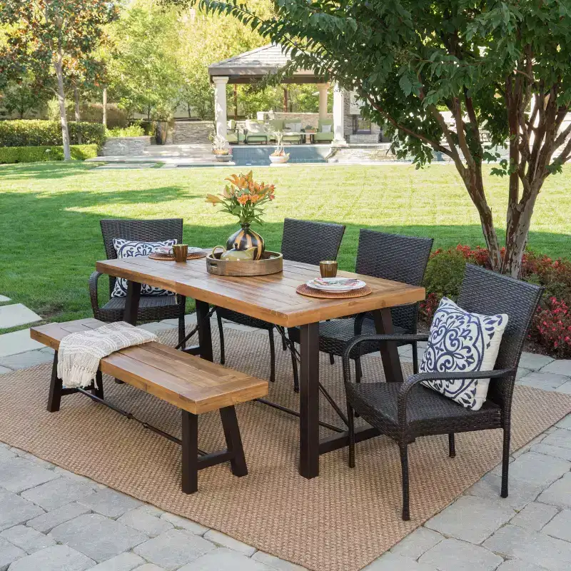 Salons 6pc Acacia & Wicker Dining Set - Teak/Brown - Christopher Knight Home: Weather-Resistant, Stackable Chairs, Galvanized Steel Hardware