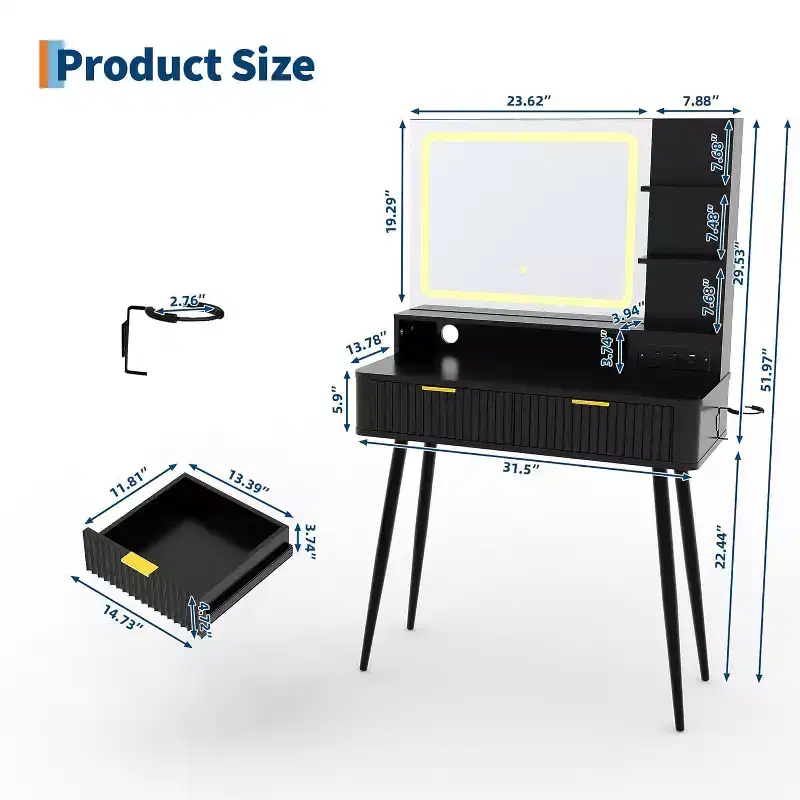31.5 LED Vanity Desk with Mirror & 3-Color Lighting - Dressing Table with Power Outlet & 2 Drawers for Bedroom