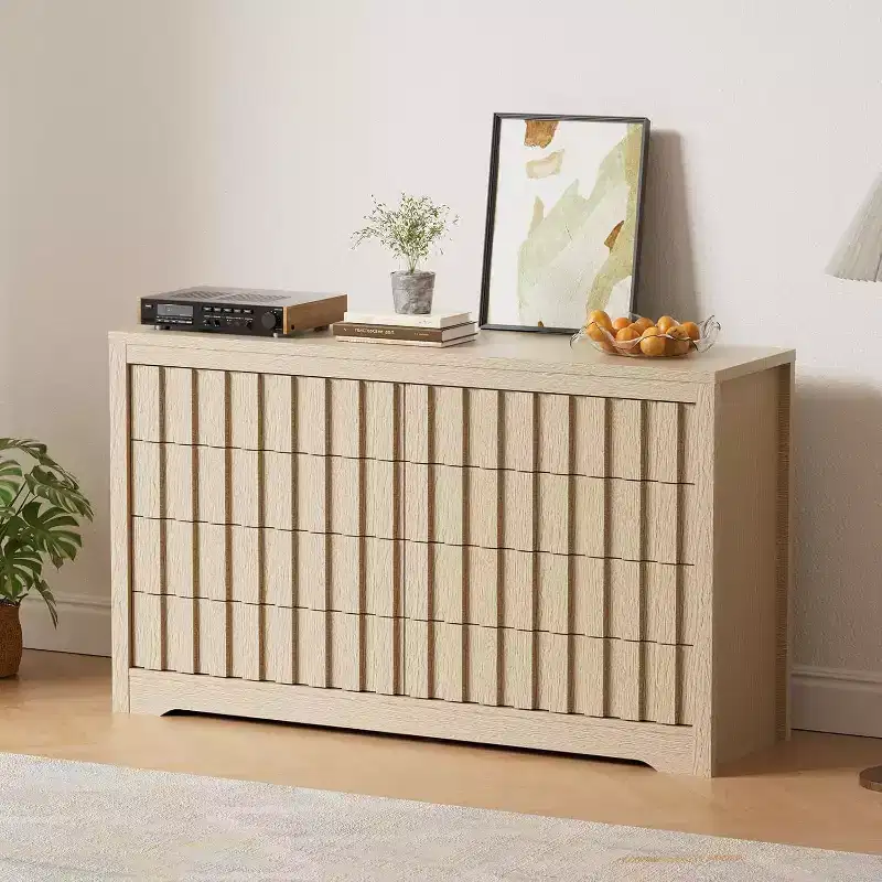 Brown Wood Fluted Handleless 8-Drawer Dresser for 1 Person