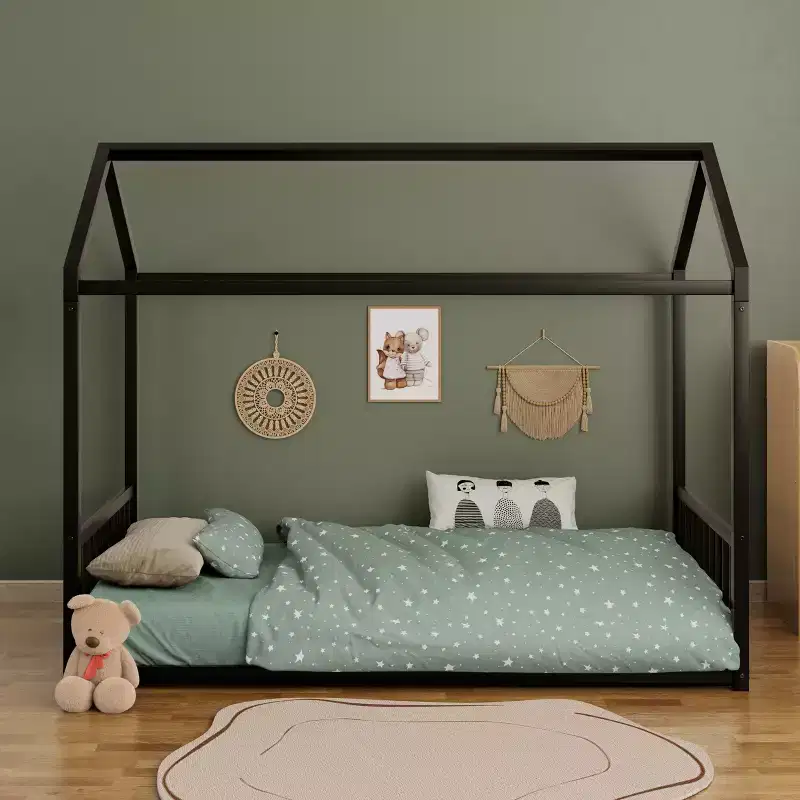 Twin/Full Size Montessori Metal Floor Bed Frame, House Shaped Platform Bed with Vertical Safety Guardrails for Kids/Toddlers - ModernLuxe