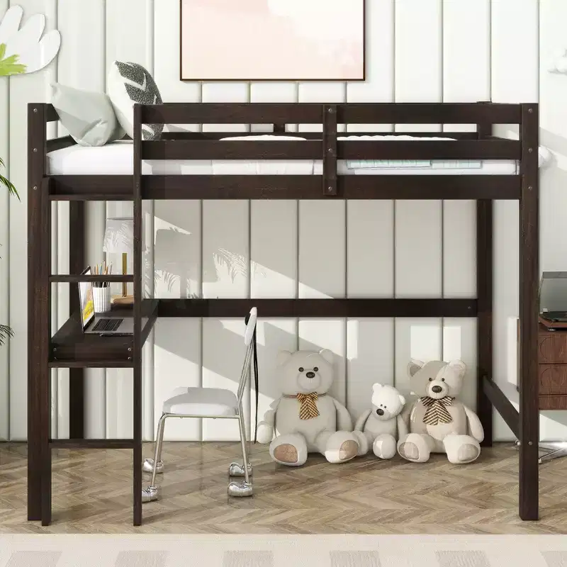 Twin Loft Wood Bed with Built in Desk Safety Guardrails Ladder Brown
