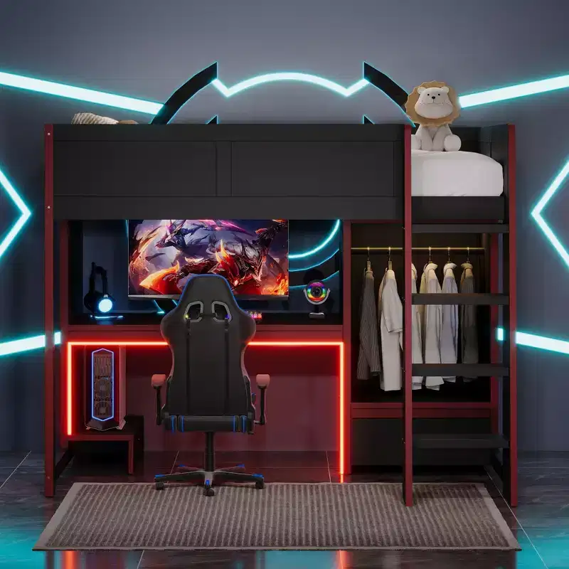 Twin/Full Size Gaming Loft Bed with Built-in Desk, Wardrobe, LED and a Drawer, Pine Wood Bed Frame, Black