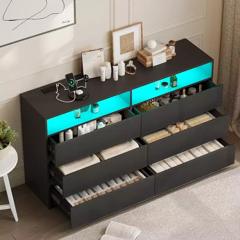 6-Drawer Double Dresser with LED Lights, Wide Storage Chest with Open Shelving,White