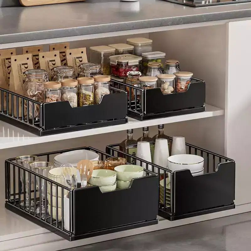 Pull Out Kitchen Cabinets Organizer, Pantry Pull Out Shelves, Metal Slide Out Storage Drawers No Drill Slide Out Drawers for Cabinets Bathroom