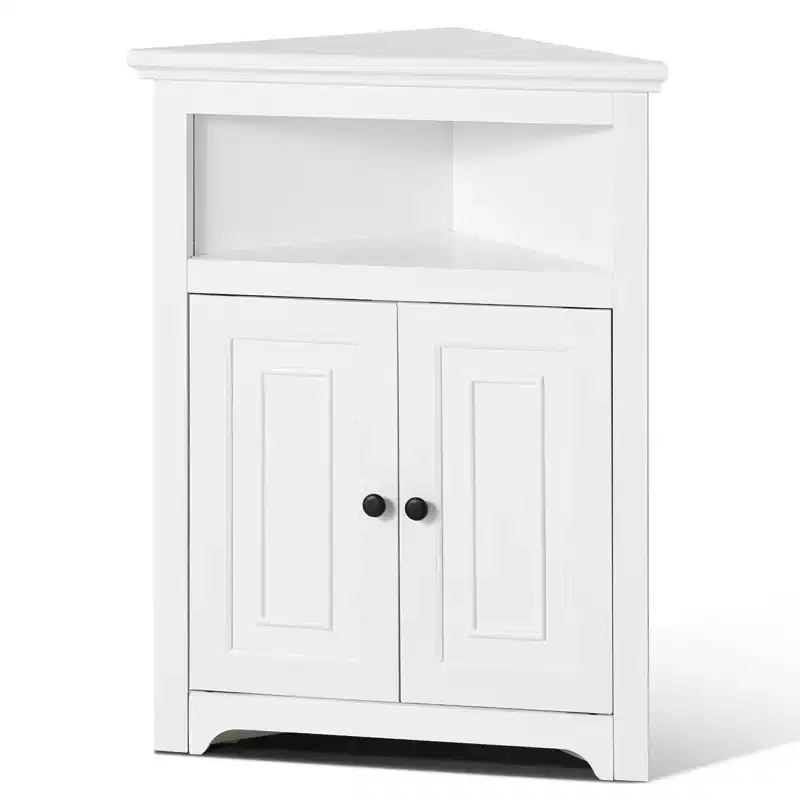 White 3-Tier Corner Storage Cabinet with 2 Doors – For 1 Person Assembly