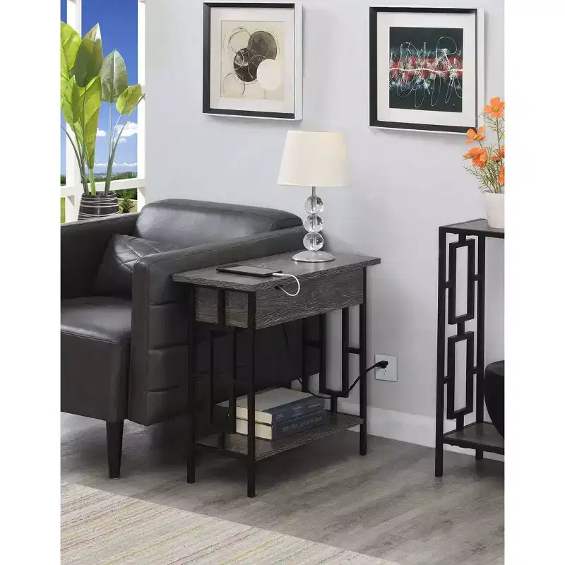 Flip Top End Table with Charging Station & Shelf - Weathered Gray/Black