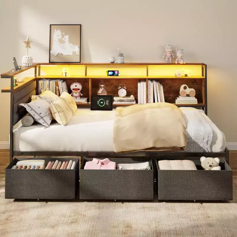 Corner Twin Bed Frame with Bookcase Headboard LED Lights Charging Station 3 Storage Drawers Upholstered Daybed No Box Spring Needed