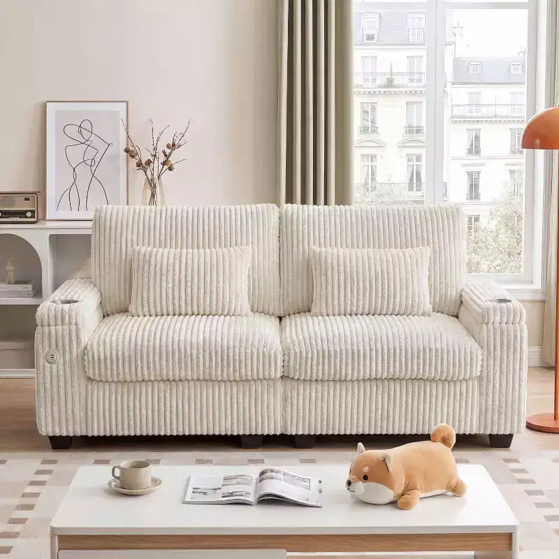 Dyonery 91 Modern 2-Seater Sofa with Charging Ports, Cup Holders & Armrest Storage - Wide Corduroy