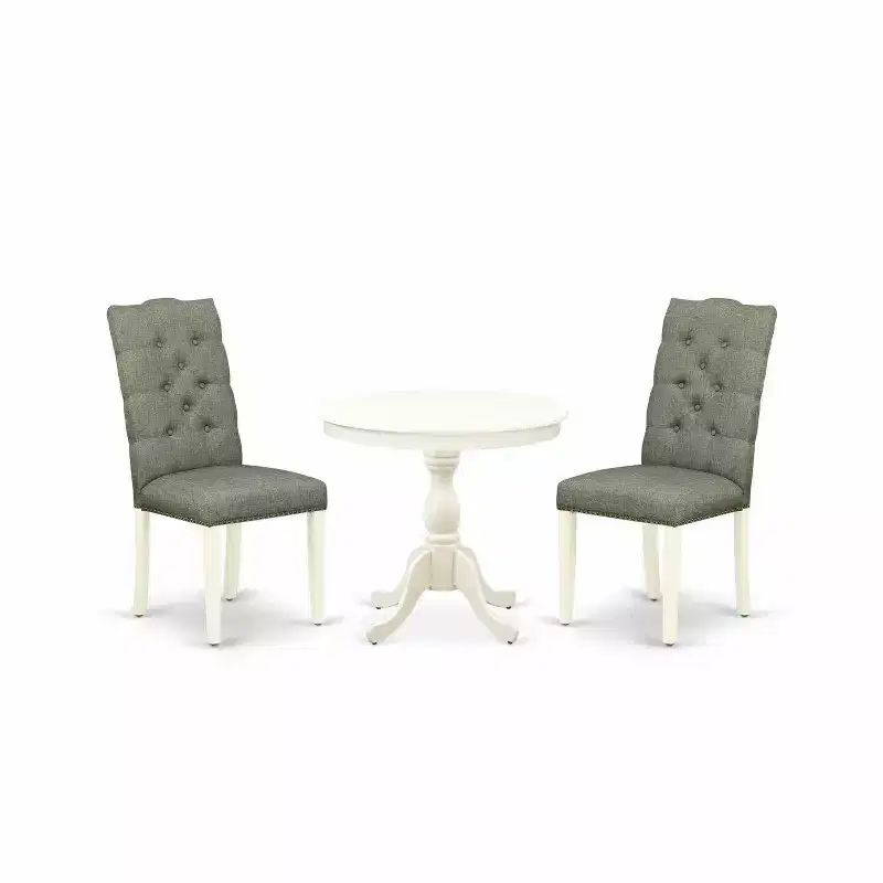 3-Piece Linen White Finish Solid Wood Top Round Button Tufted Dining Room - Seats 4