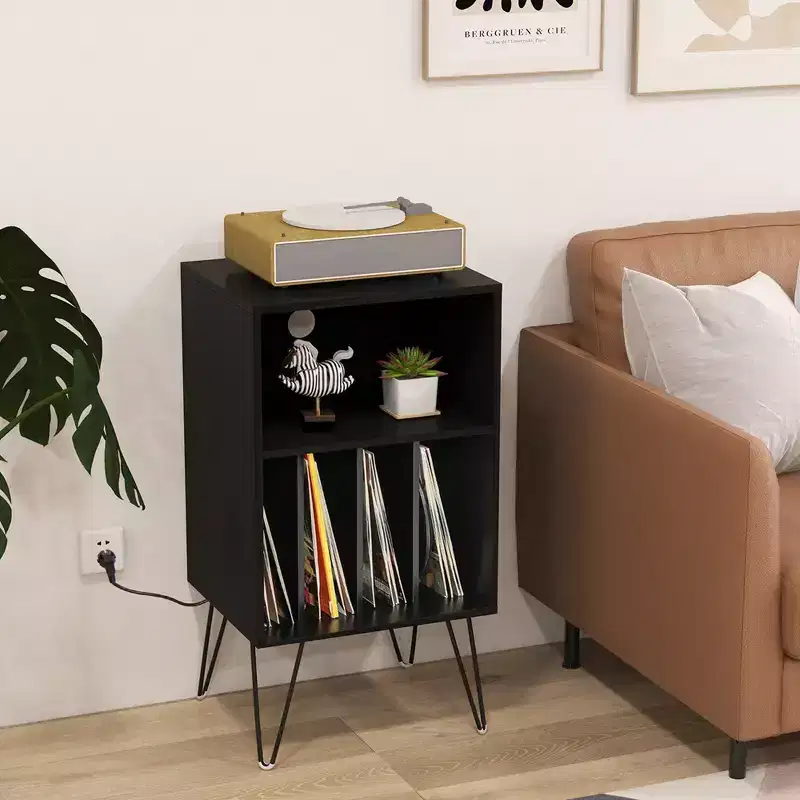 3-Tier Record Player Stand with Charging Station & 4 Dividers – Walnut/Black/Brown