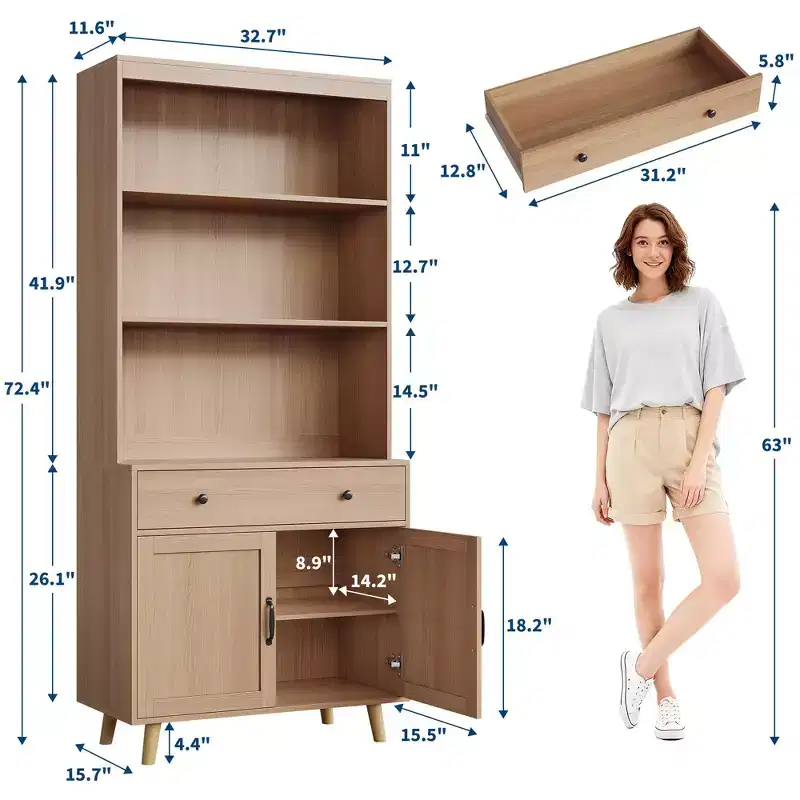 Tall 6-Tier Bookshelf & Bookcase with Doors & Drawer, Storage Cabinet with Open Shelves, 72.4 Freestanding Wood Bookshelf for Living Room, Bedroom