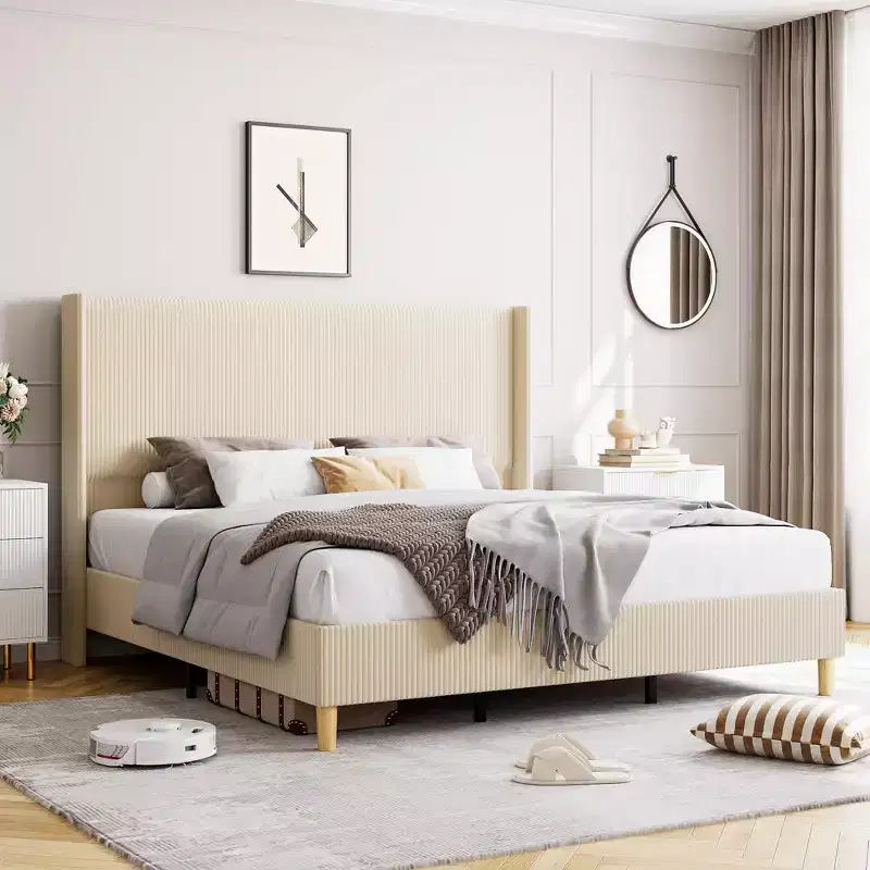 Full Size Corduroy Upholstered Bed Frame, Platform Bed with 51 Tall Vertical Stripe Wingback Headboard, No Box Spring Needed/Wooden Slats/Beige