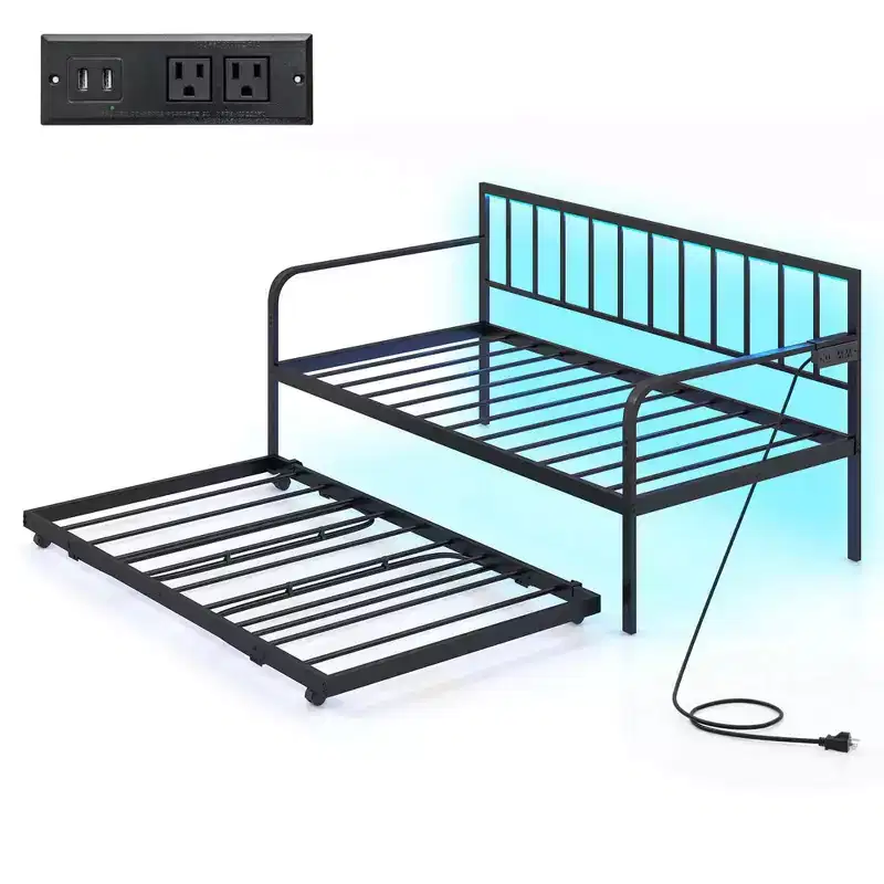 Twin Daybed Adjustable Sofa Bed Frame with Charging Station & LED Lights, Multi-Function