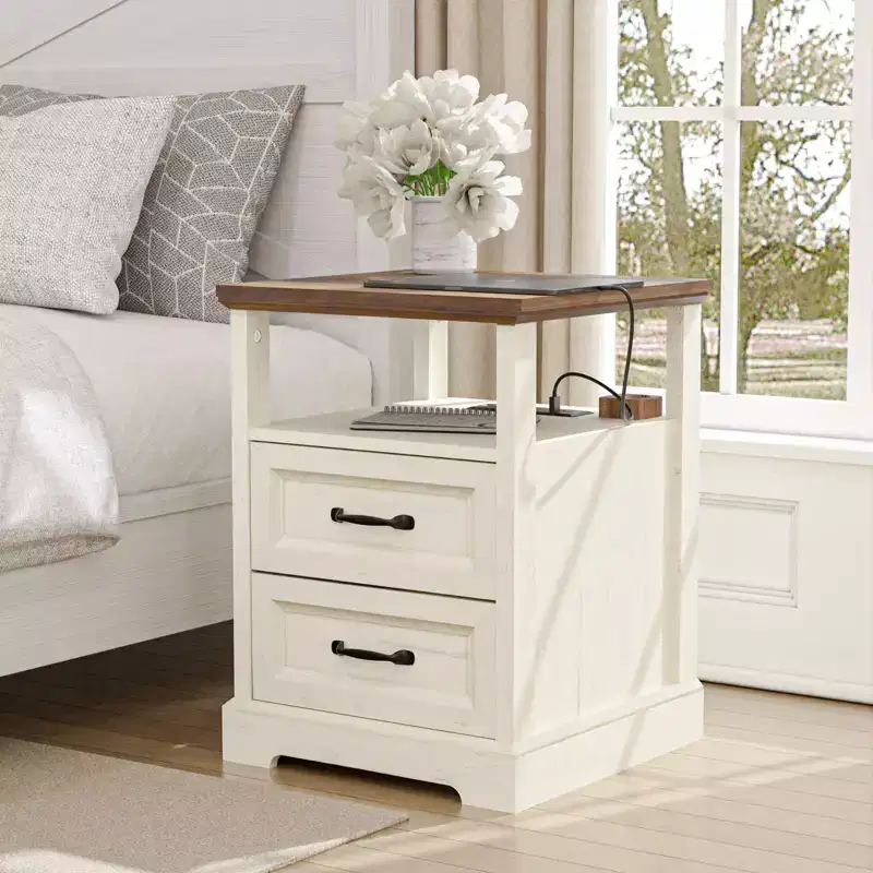 Modern Rustic Bedside Nightstand with Charging Station, 2 Drawers & Open Shelf – Farmhouse End Table