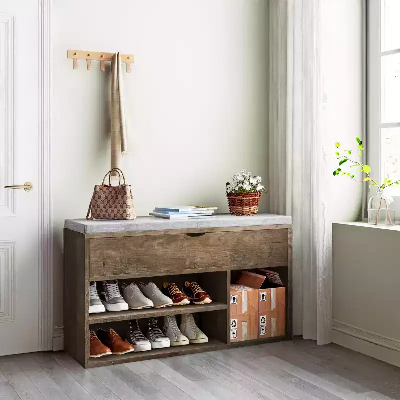 Shoe Storage Bench with Cushion, Entryway Bench with Flip-Top Storage for Hallway and Living Room
