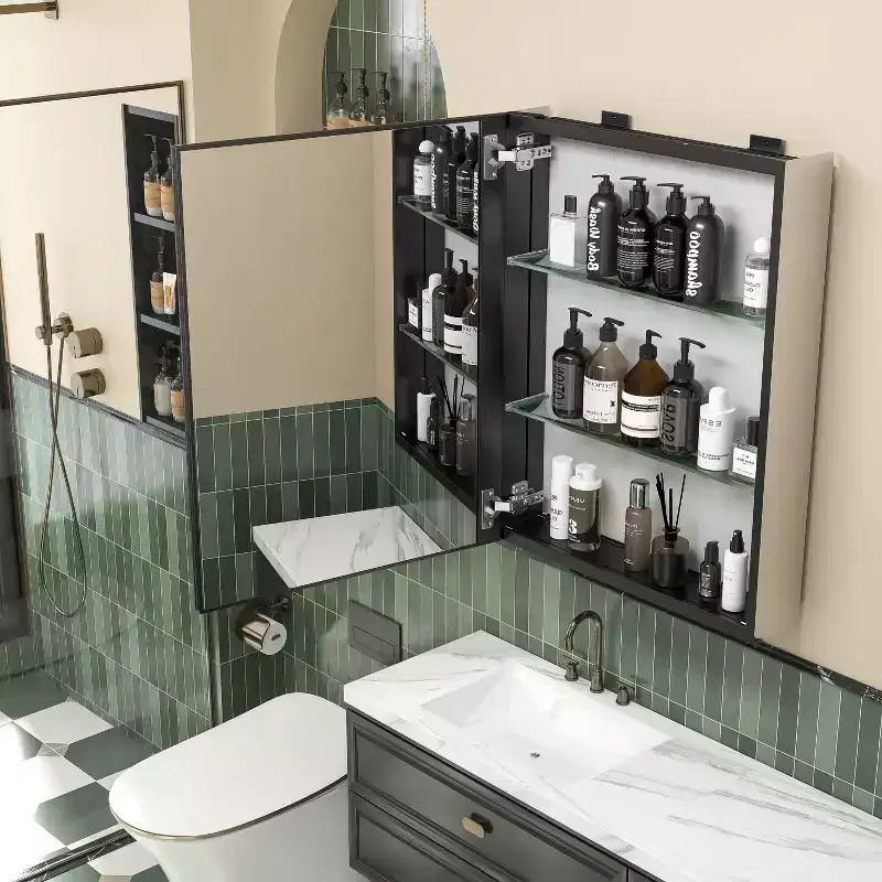 26 x 20in Modern Rectangular Bathroom Medicine Cabinets, Metal Framed Wall Mirror with Storage, Black